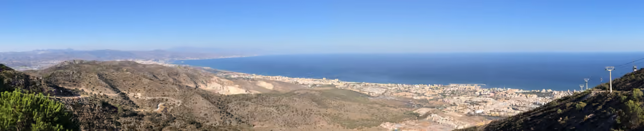 NEXUS RESIDENCES: panoramisch luchtbeeld van Benalmádena, Arroyo de la Miel en de kustlijn van de Costa del Sol richting Málaga, genomen vanaf het bovenstation van Monte Calamorro Teleférico