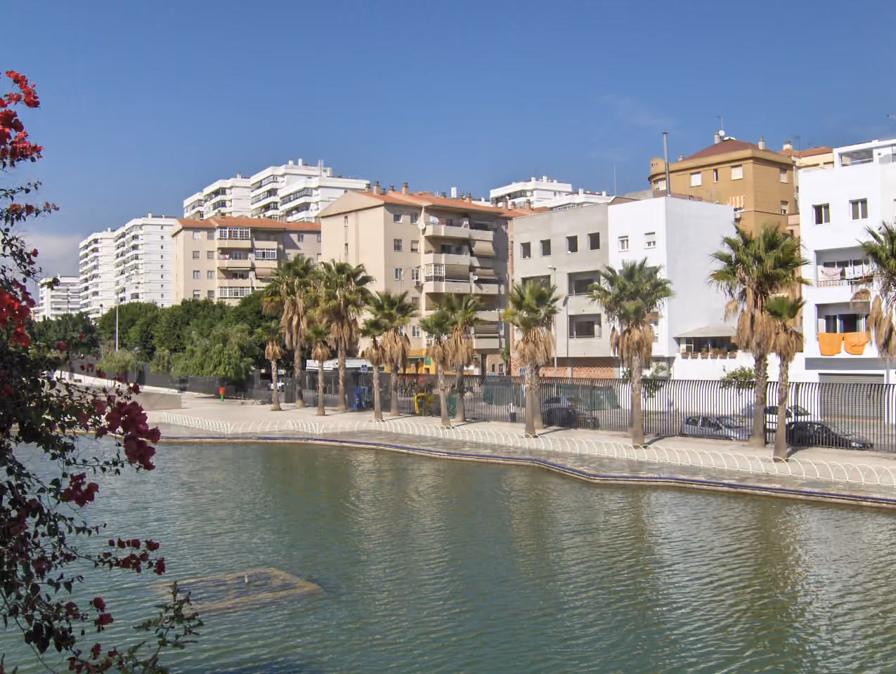 Photographie des environs de MILABEKA montrant l'étang du Parque del Oeste, la promenade bordée de palmiers et le quartier résidentiel Parque Mediterráneo, Málaga