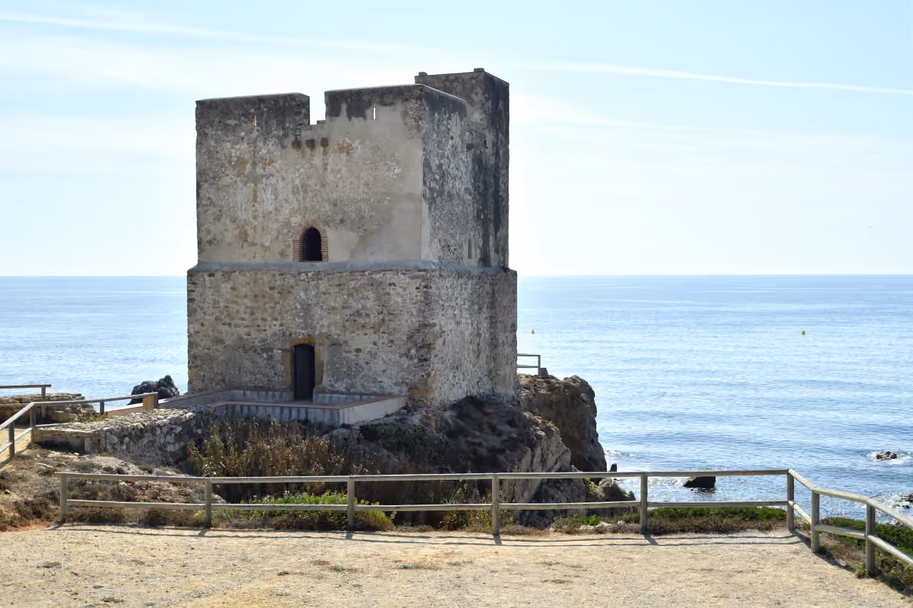 Torre de la Sal (Salto de la Mora), historic Moorish/Spanish coastal watchtower on the Casares coastline, Málaga province, Costa del Sol, shown as local context near SPINTO BLU