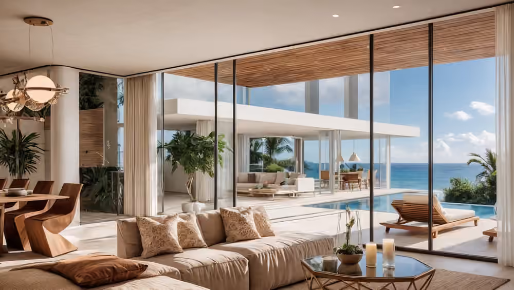 Projectvisualisatie van ELARA RESIDENCES met een beige bank, houten stoelen, houten plafondlamellen, kamerhoge glazen schuifpuien, een terras met ligbedden, zwembad en zicht op zee.