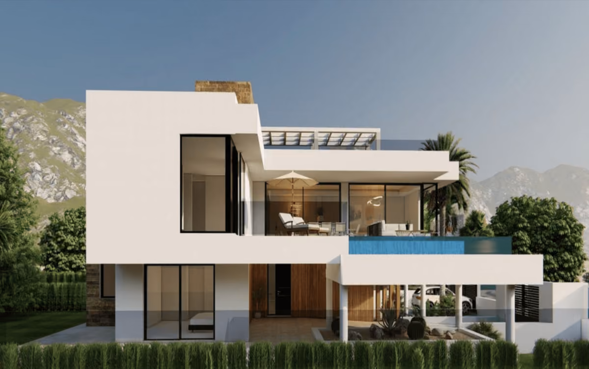 A VILLA 001 MARBESA látványterve elölnézeti oldalnézetben, fehér homlokzati síkokkal, fekete keretes üvegfelületekkel, a bejáratnál fa falburkolattal, kék medencével és a felső szinten pergolával.